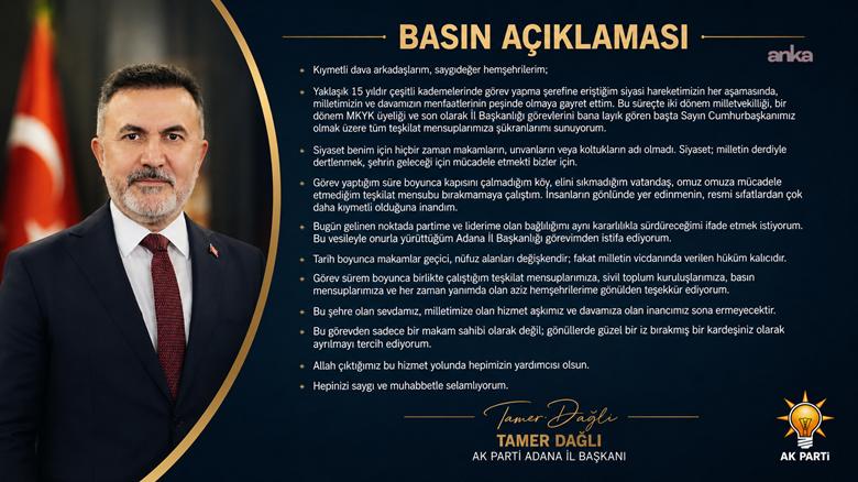 AK Parti Adana İl Başkanı Dağlı görevinden istifa etti